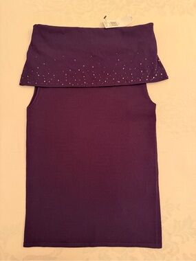 Tahari Plum Fold-Over Neck Sleeveless Top with Rhinestones